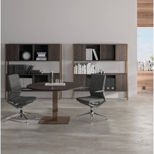 Mesa de reuniones redonda diseñada en melanina con base de metal de ofifran