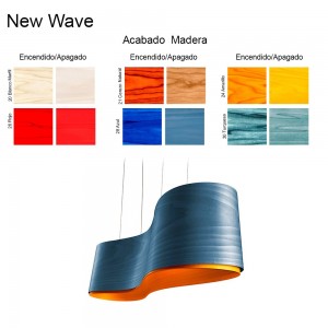 Lámpara suspensión New Wave de Luzifer. Moderna y de trazos fluidos, que entrelazan dos chapas de madera.