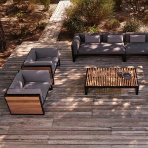 Sofá de diseño moderno modular 3 DNA Teca para jardín de Gandia Blasco.