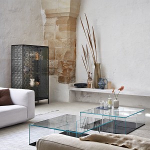 Mesa centro Quadra de Fiam. Muebles de cristal. Mesa contenedor para salón.